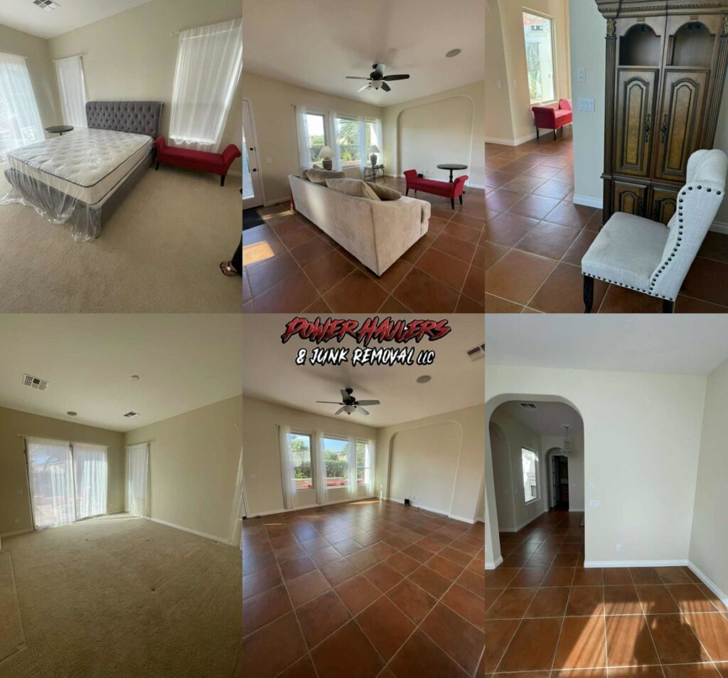 Before and after photos of multiple rooms cleared of furniture by Power Haulers & Junk Removal LLC in Buckeye, AZ.