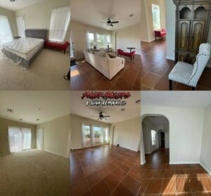 Before and after photos of multiple rooms cleared of furniture by Power Haulers & Junk Removal LLC in Buckeye, AZ.