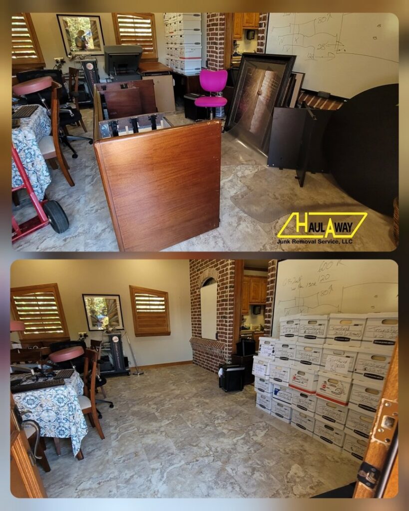 Before and after of an office space cleared of unwanted furniture and items by Haulaway Junk Removal Service, LLC in Dallas, TX.