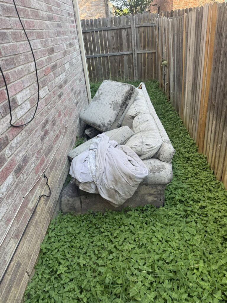 An old, moldy sofa and blankets in a grassy side yard, awaiting removal by Texas Junk Masters in Fort Worth, TX.