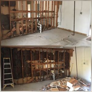 Before and after photos of an outdoor junk pile removal next to a house by Big Ox Junk Removal in Leander, TX, showing the area completely cleared.