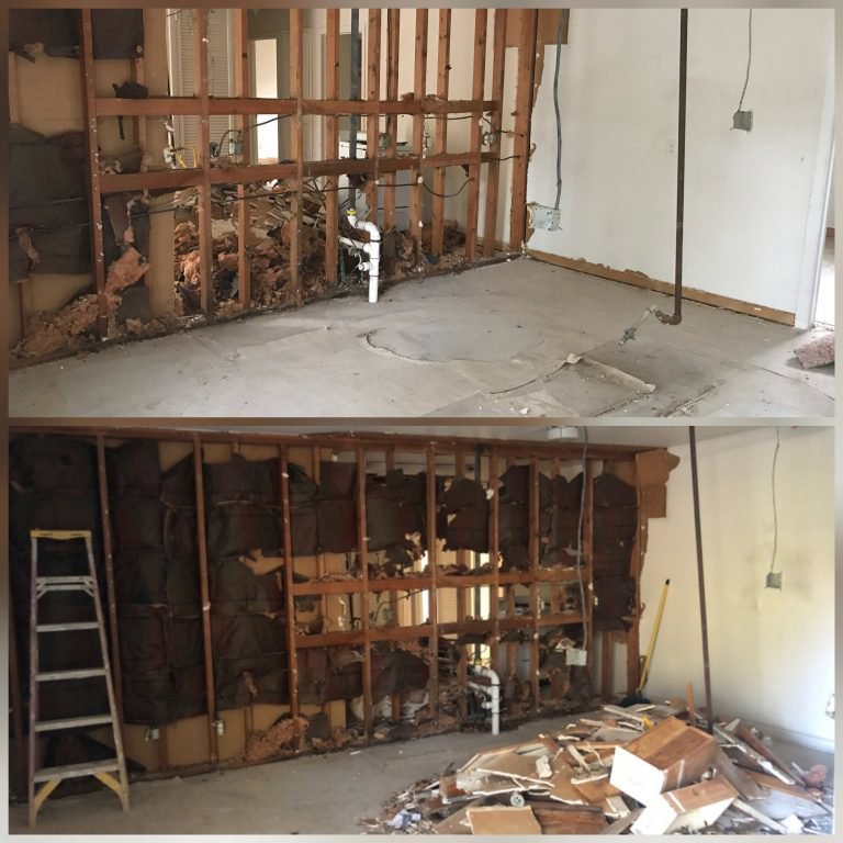 Before and after photos of an outdoor junk pile removal next to a house by Big Ox Junk Removal in Leander, TX, showing the area completely cleared.