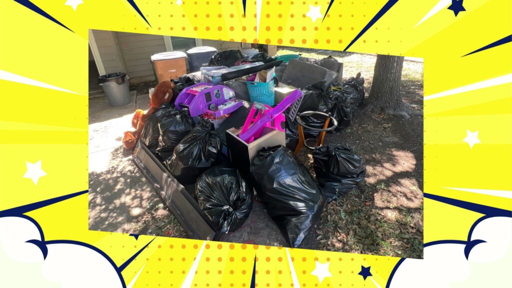 A large pile of outdoor junk, including black trash bags and various household items, ready for removal by IREP Junk Removal ATX in Austin, TX.