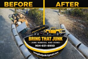 Before and after view of outdoor junk removal with a truck graphic by Bring That Junk Removal and Demolition in Jacksonville, FL.