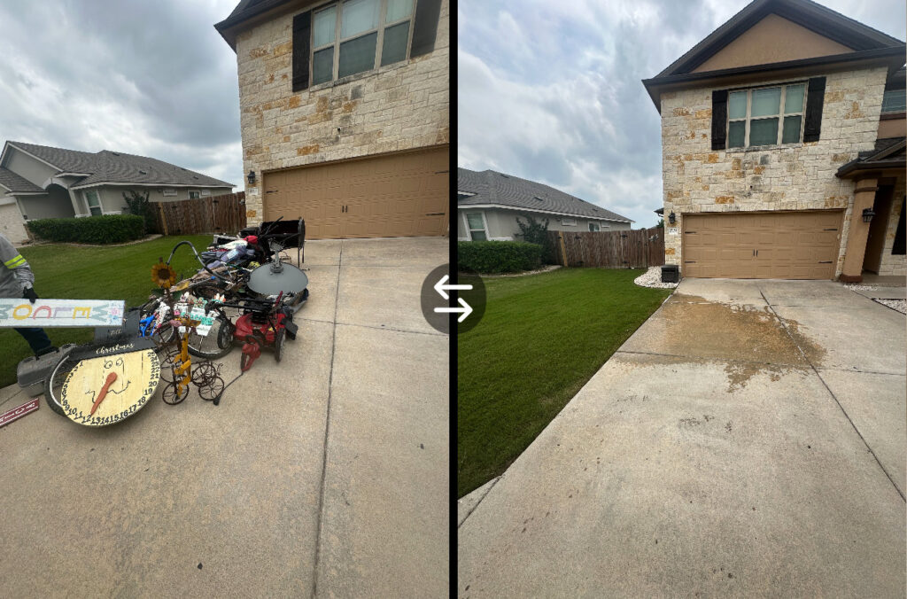 Before and after photos of a parking lot junk removal service by Big Ox Junk Removal in Leander, TX, clearing old furniture and debris.