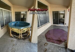 Before and after of a hot tub removal from a patio by Power Haulers & Junk Removal LLC in Buckeye, AZ.