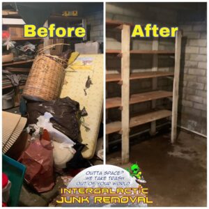 A person in a hazmat suit performing a junk removal service for Intergalactic Junk Removal in Phoenix, AZ.