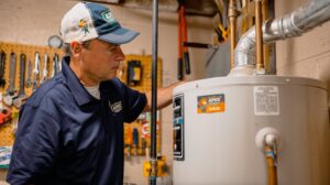 An Apex Pros Plumbing, Electric, Heating, and Air plumber inspecting a water heater in Columbus, OH.