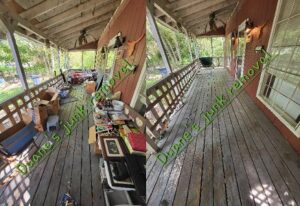 Before and after comparison of a cluttered porch transformed into a clean space by Duane's junk removal LLC in Houston, TX.