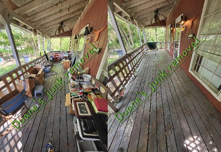 Before and after comparison of a cluttered porch transformed into a clean space by Duane's junk removal LLC in Houston, TX.