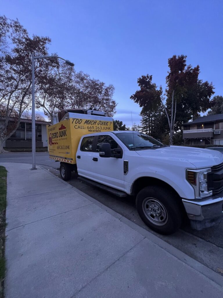 A large pile of cardboard boxes and household junk in front of a residence, ready for Zero Junk removal in San Jose, CA.