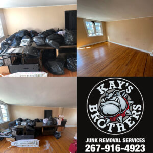 Before and after photos of a room cleanout, showing junk removed by Kay's Brothers Junk Removal in Philadelphia, PA.