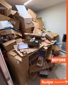 A room overflowing with cardboard boxes and clutter before junk removal by JunkStart in San Antonio, TX.