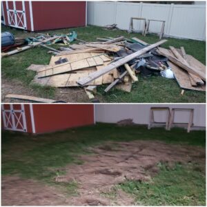 A pile of wood and demolition debris from a shed removal job by Junk Fade Away, LLC in Jacksonville, FL.