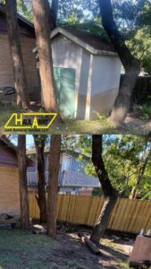 Before and after photos showing a shed removed from a property by Haulaway Junk Removal Service, LLC in Dallas, TX.