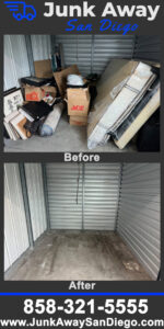 Before and after photos of a storage unit cleared of bins, a trash can, and small appliances by Junk Away - San Diego in San Diego, CA.