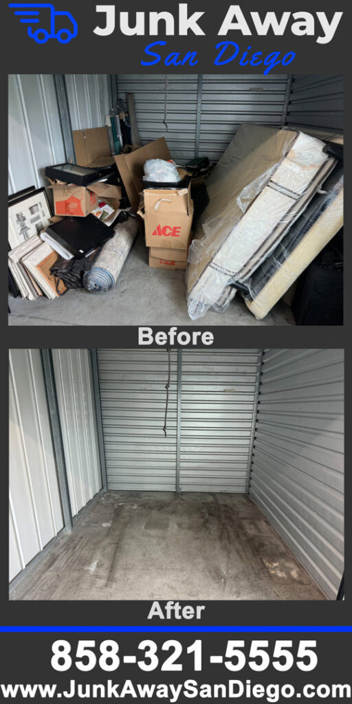 Before and after photos of a storage unit cleared of bins, a trash can, and small appliances by Junk Away - San Diego in San Diego, CA.
