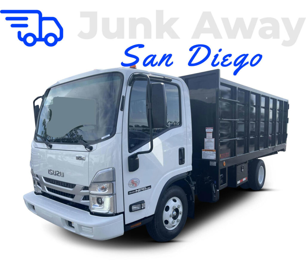 Before and after photos of a storage unit cleared of many boxes, with the junk loaded onto a Junk Away - San Diego truck in San Diego, CA.