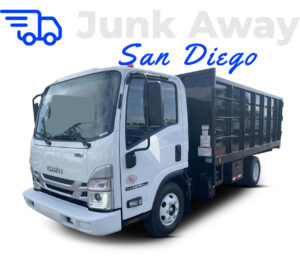 Before and after photos of a storage unit cleared of many boxes, with the junk loaded onto a Junk Away - San Diego truck in San Diego, CA.