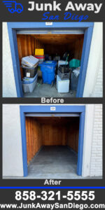 Before and after photos of a storage unit cleared of clothes and miscellaneous clutter by Junk Away - San Diego in San Diego, CA.