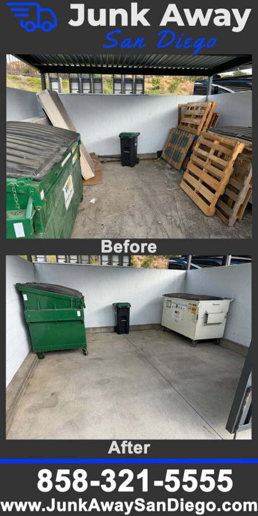 Before and after photos of a storage unit cleared of furniture, boxes, and a rug by Junk Away - San Diego in San Diego, CA.