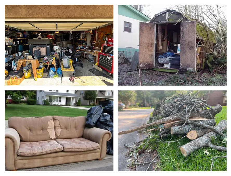 Collage showing cluttered garage, junk-filled shed, old couch, and tree branches for Hernandez Junk Removal in Fort Worth, TX
