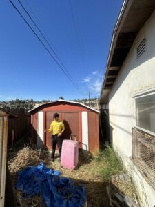 A person standing next to a shed with overgrown weeds and debris, ready for junk removal by Crisan Junk Removal in San Diego, CA.