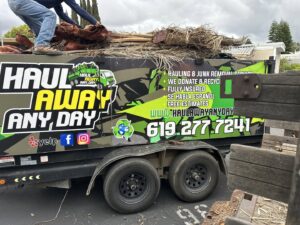 Haul Away Any Day team loading palm fronds and yard waste onto a trailer for removal in San Diego, CA.
