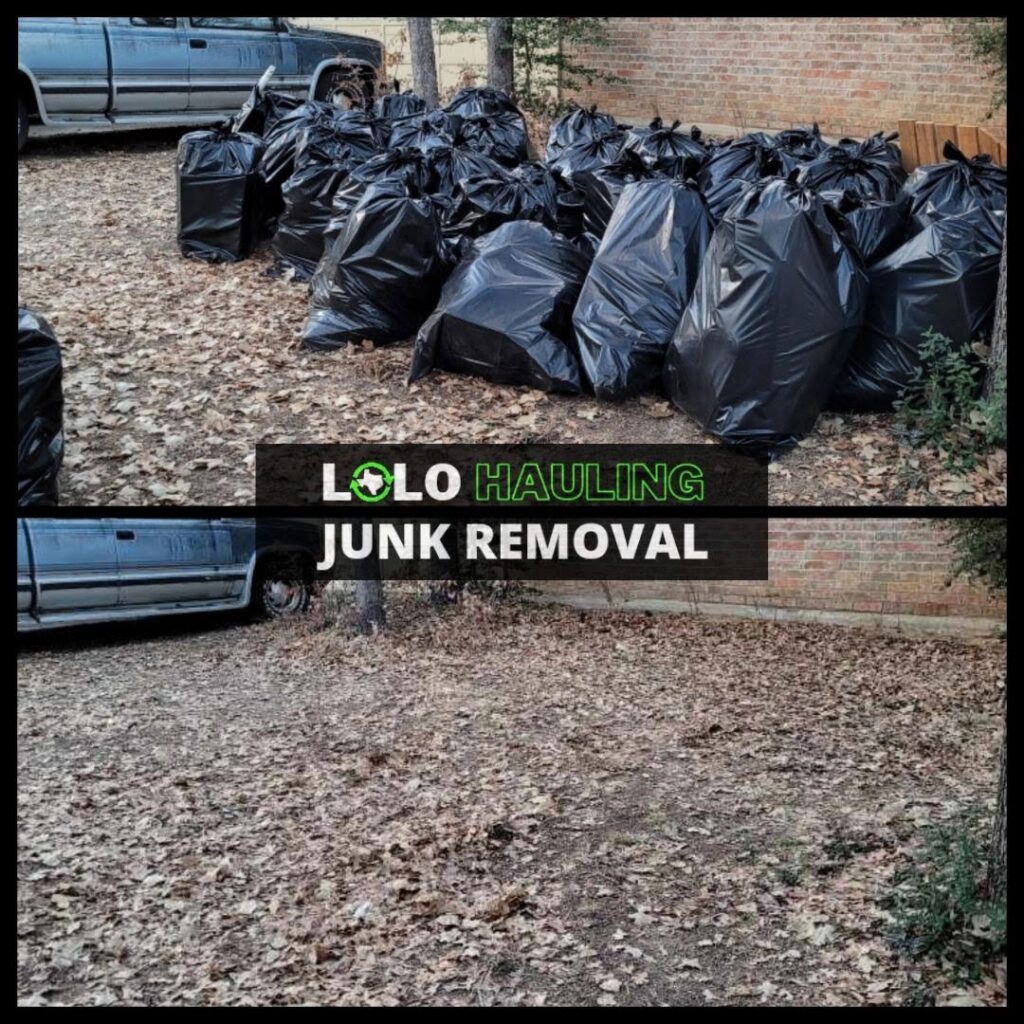 Before and after photos showing yard waste and trash bags removed by Lolo Hauling Junk Removal in Dallas, TX.